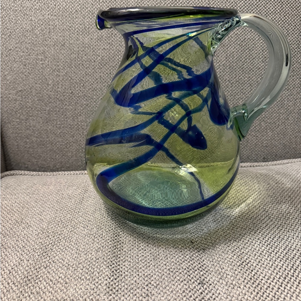 Mexican Artisan Blown Glass Pitcher with Blue and Green swirls